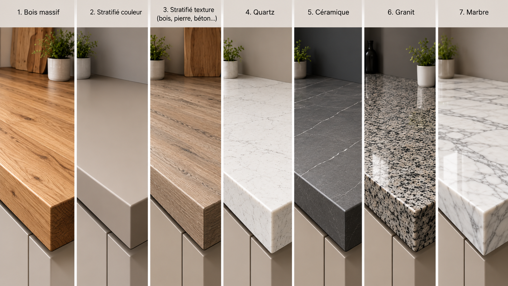 Exemples de plans de travail de cuisine en bois, stratifié, quartz, céramique, granit et marbre